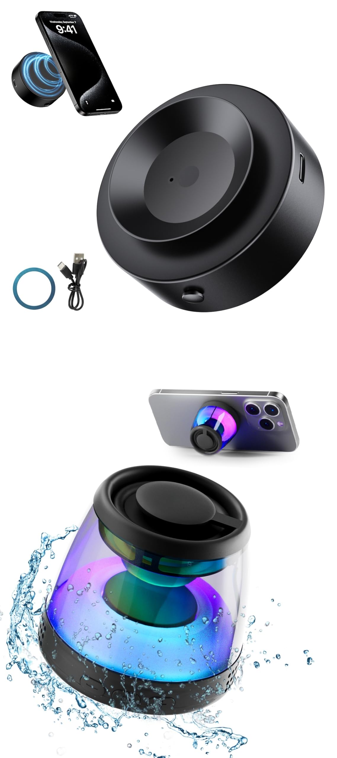 Magnetic Cell Phone Holder for Car, Electric Vacuum Strong Suction Car Phone Mount+Magnetic Bluetooth Speaker, XO Portable Bluetooth Speaker with RGB Light, Waterproof Wireless Speaker