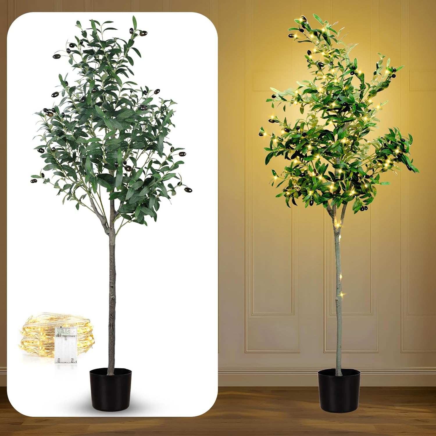 Artificial Lighted Olive Tree 6FT/180cm Tall Faux Silk Plant Large Fake Olive Potted Tree with 100 Warm White LED String Lights for Indoor Home Office Christmas Decor