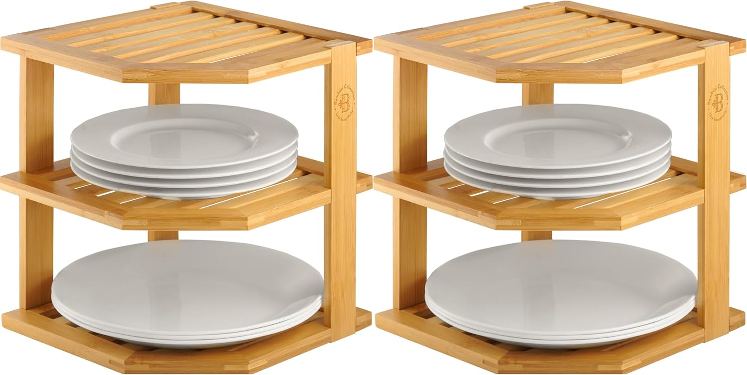 Bambüsi Plate Organizer for Cabinet – 2 Pack Bamboo Corner Shelf for Kitchen or Bathroom Storage, Space-Saving Rack for Dishes, Countertop, Cabinet, Pantry, or Small Shelf Organization