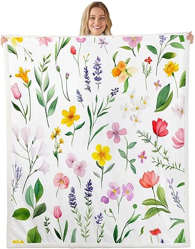 Miniatura 10 de Manfei Pink Flower Throw Blanket Watercolor Floral Leaves Print Fleece Blanket Plants Wildflower Cozy Throws for Bed Couch Sofa,Kids Boys Girls Room