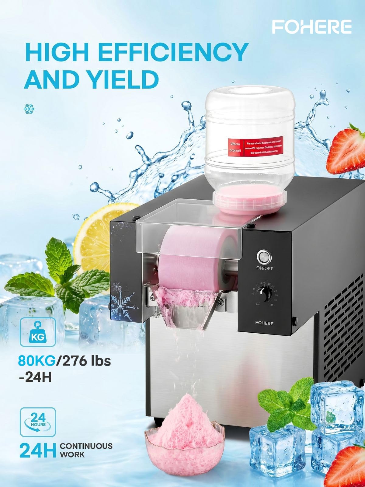 FOHERE Gewerbliche Schnee-Eismaschine 80kg/24h Edelstahl Bingsu Maschine mit Selbstreinigungsfunktion Kompressor Geschwindigkeitsregler
