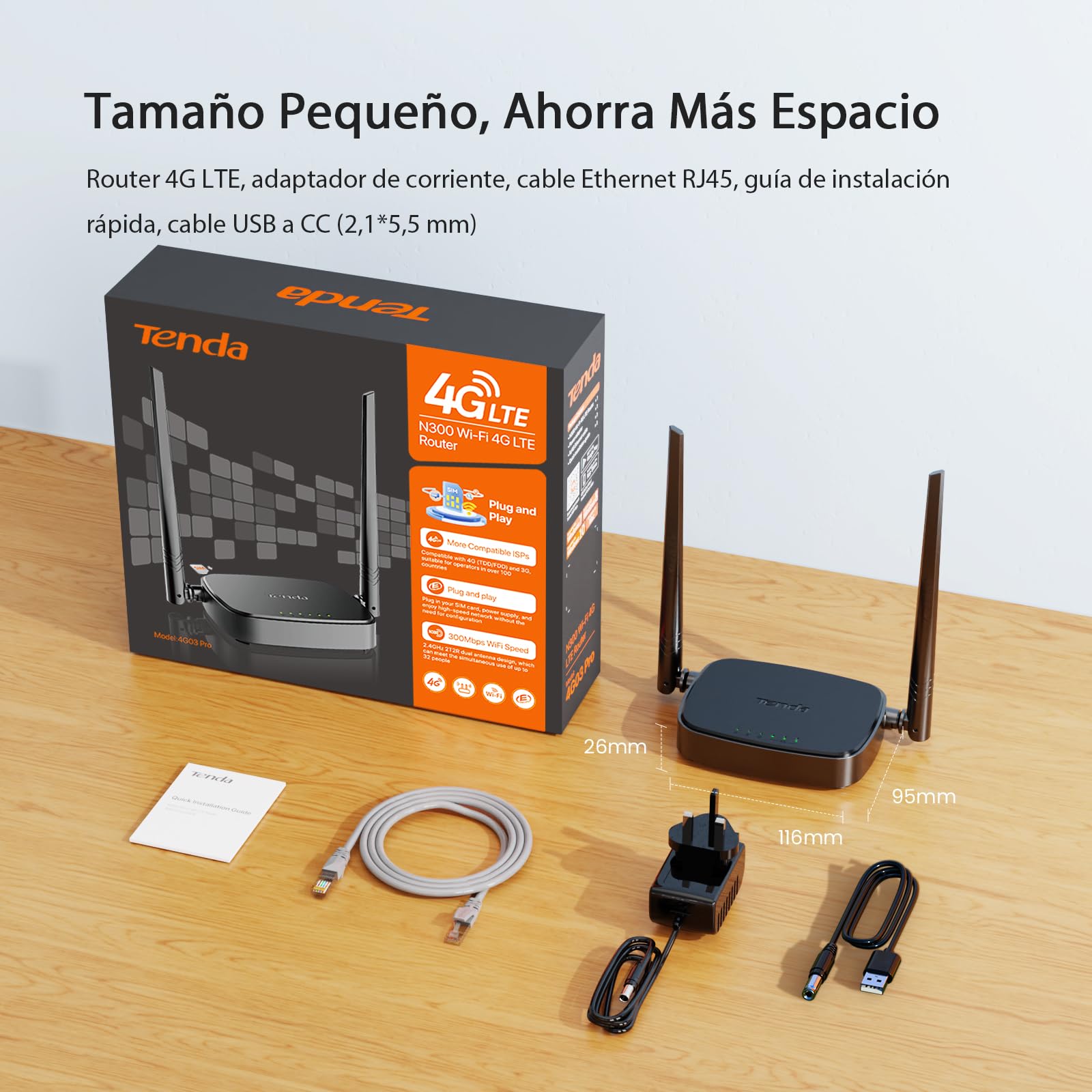 Tenda 4G03 Pro - Router 4G SIM, Wireless LTE CAT4, Router 4G con Tarjeta SIM Velocidad hasta 300Mbps, Plug&Play, LAN/WAN Ethernet Port, Charge with Powe Bank, Compatible con múltiples operadores