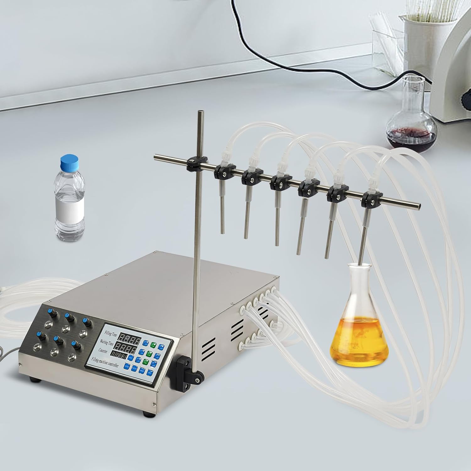 6 Head Liquid Filling Machine, 300W Semi-Auto Bottle Filling Machine, Digital Quantitative Liquid Filling Machine, 5-2000ML Capacity with Diaphragm Pump & LED Display, for Drink Juice Oil Milk