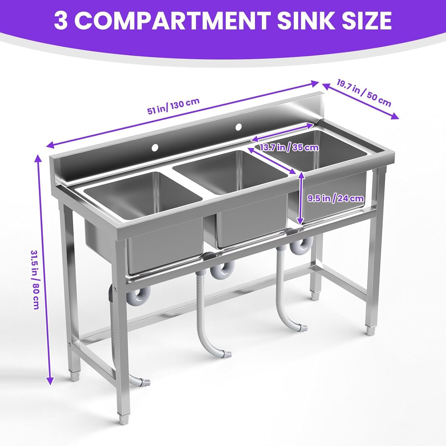 Freestanding Triple Bowl Utility Sink, 3-Compartment Commercial Sink with Backsplash & Strainers, Heavy Duty Kitchen Station for Restaurant Kitchen Garage, Stainless Steel, 51"x19.7"x31.5"