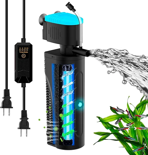 FUMAK Aquarium Filter with Aeration & Rainfall Mode, U - V Fish Tank Filter with Timer (3/6/12/24 Hours) for Green Water Cleaning, Turtle Tank Filter with Efficient Filter Sponge (20-70Gal)