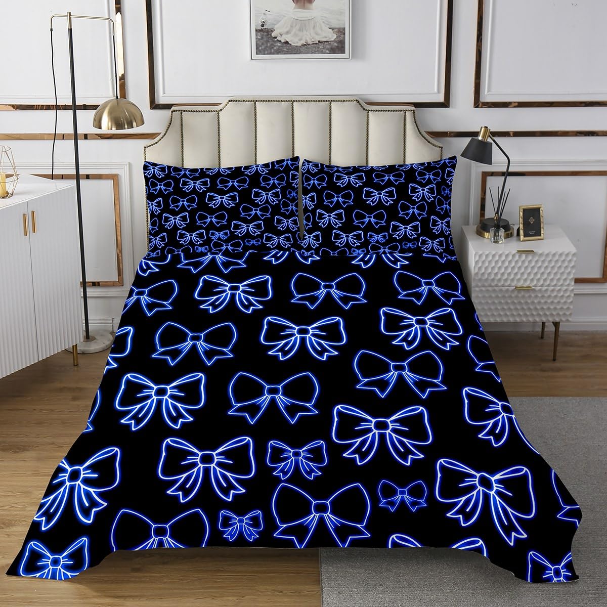 jejeloiu Bow Bedspread for Girls Bowknot Coverlet Set Queen Size Blue Black Kawaii Quilted Coverlet Cute Bedroom Decor Breathable Soft Lightweight Microfiber 3Pcs