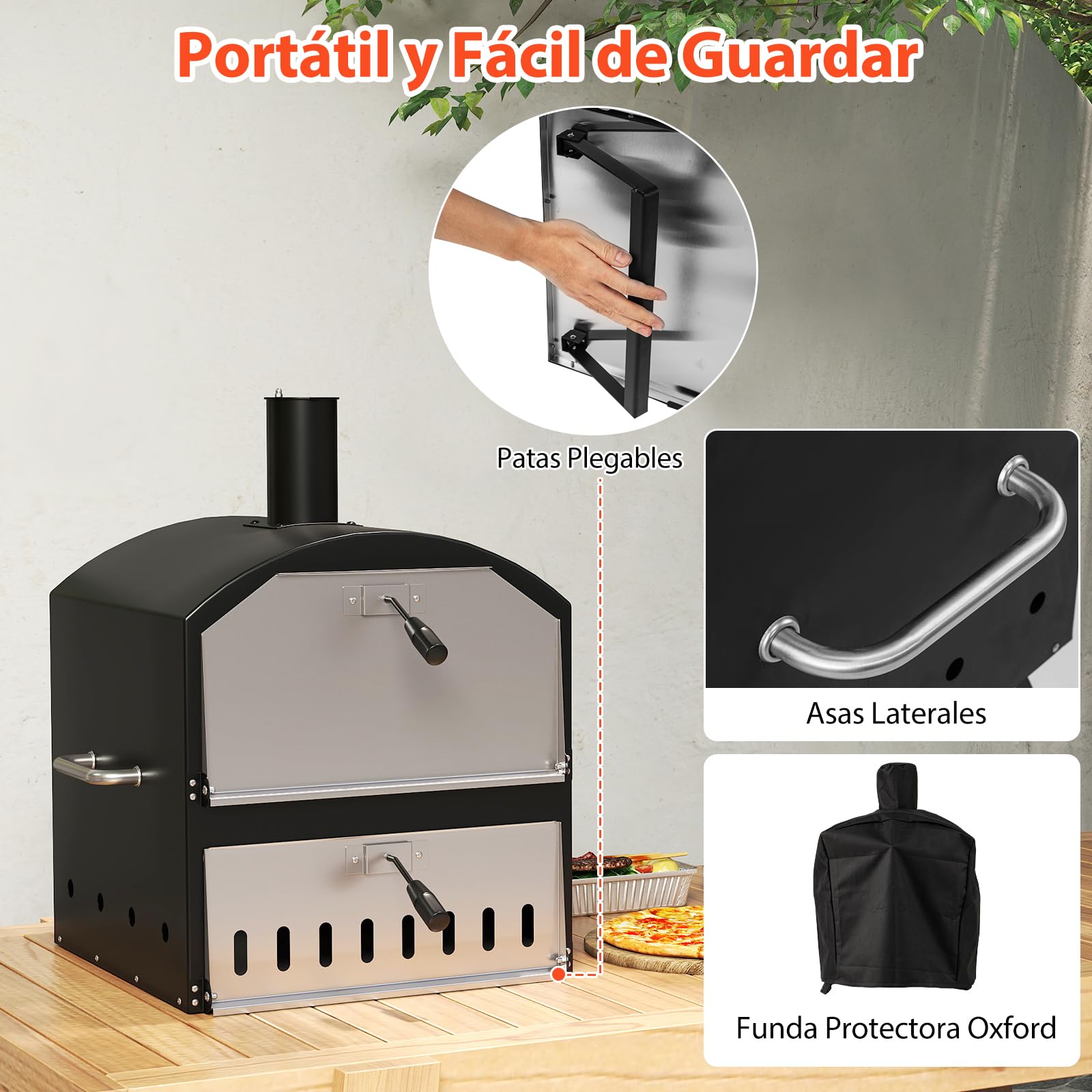 GOPLUS Horno de Pizza 16 Pulgadas Exterior, Horno de Pizza de Leña de 2 Capas con Piedra, Pala y Rejillas para Parrilla, Portátil con Patas Plegables y Cubierta, para Camping, BBQ, 61 x 53 x 83 cm
