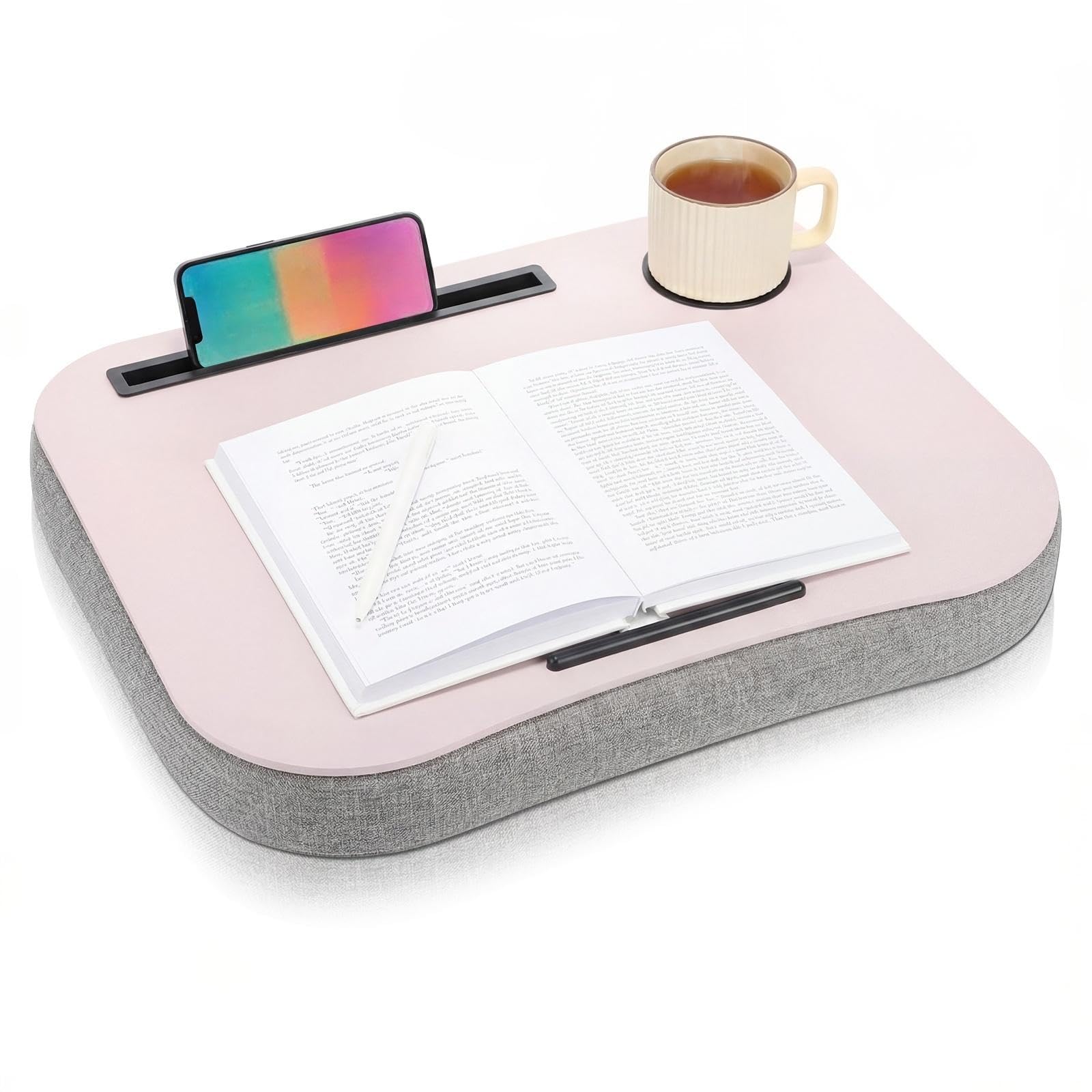 Lewtemi Pink Laptop Lap Desk with Cushion Cup Holder and Stopper Padded and Phone Holder Couch Bed Sofa Fits up to 15.6 Inch Portable Lap Desk for Home Office Study Writing