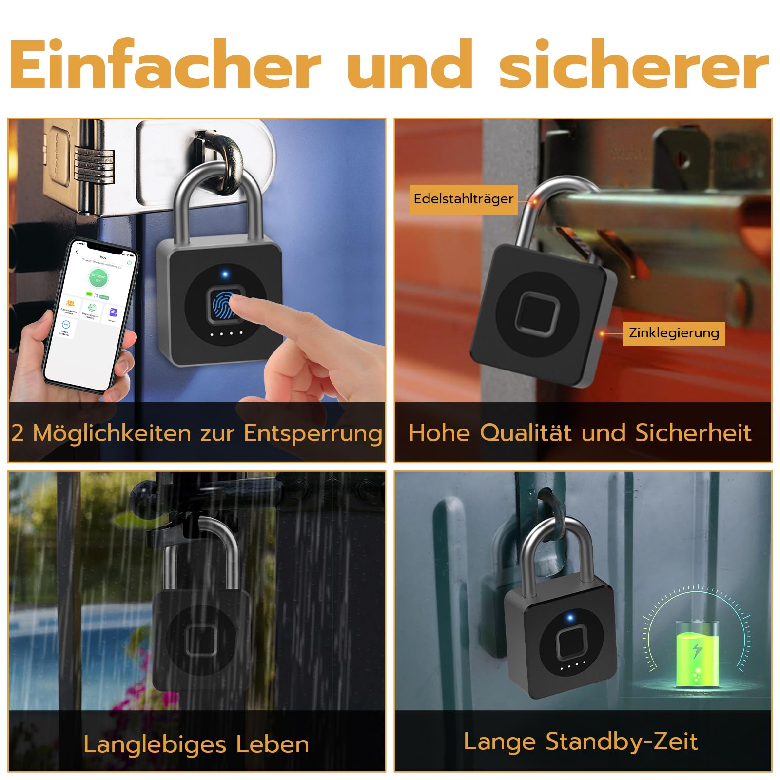 Anweller Cadenas à empreintes digitales, cadenas avec empreintes digitales et application, résistant aux intempéries pour casier, cave