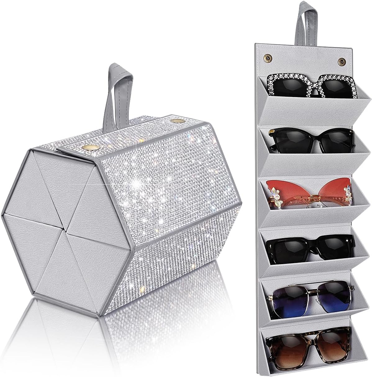 Yivaiks Bling Sunglasses Organizer for Women Crystal Rhinestones Sunglass Holder Wall Suspension 6-Position Eyeglass Case For Multiple Glasses