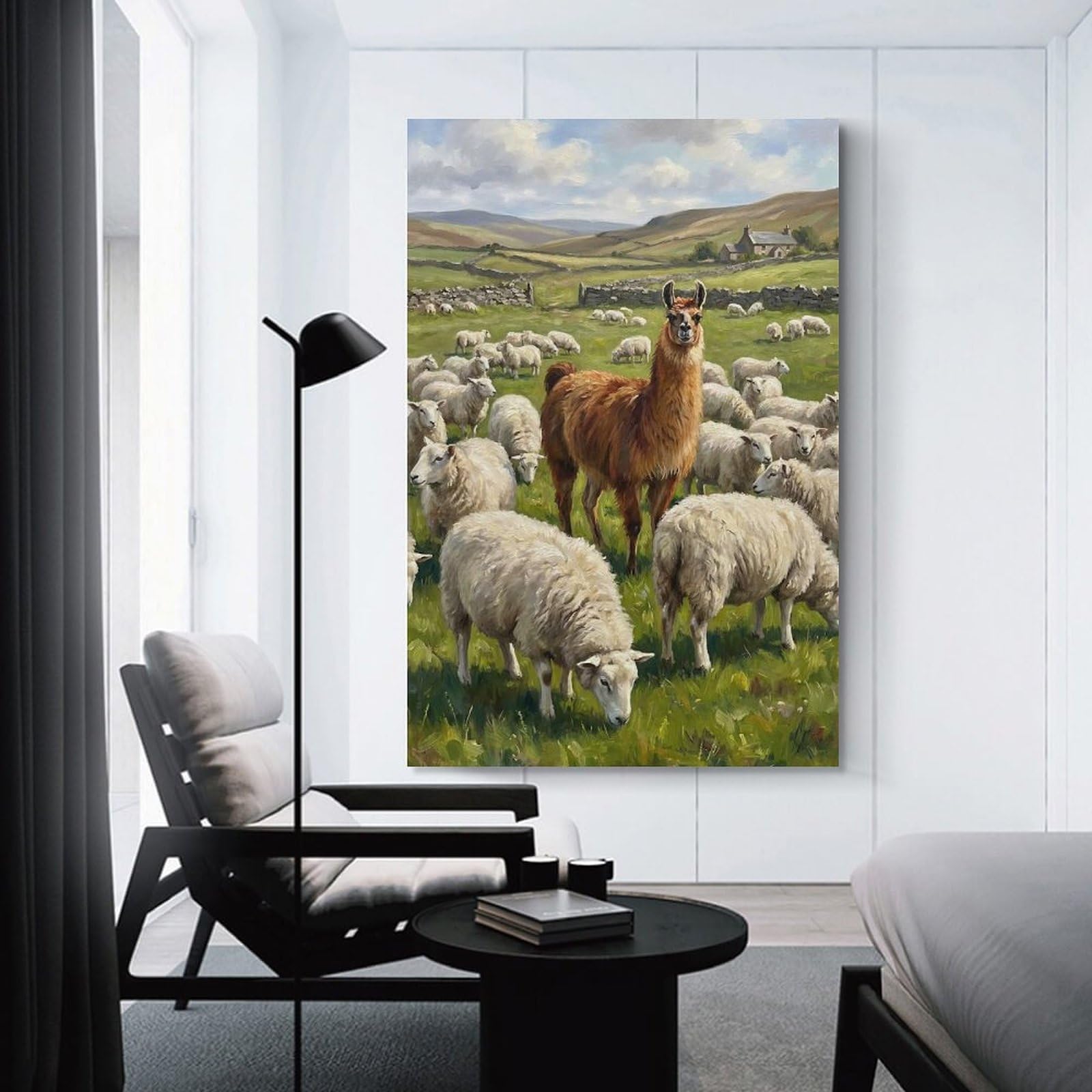 Junmoney Hanging Wall Art Llama And Sheep in Grassy Field, 08x12inch(20x30cm), for Wall Displays, Bedrooms Or Room Updates, Decorative Artwork with Flexible Styling