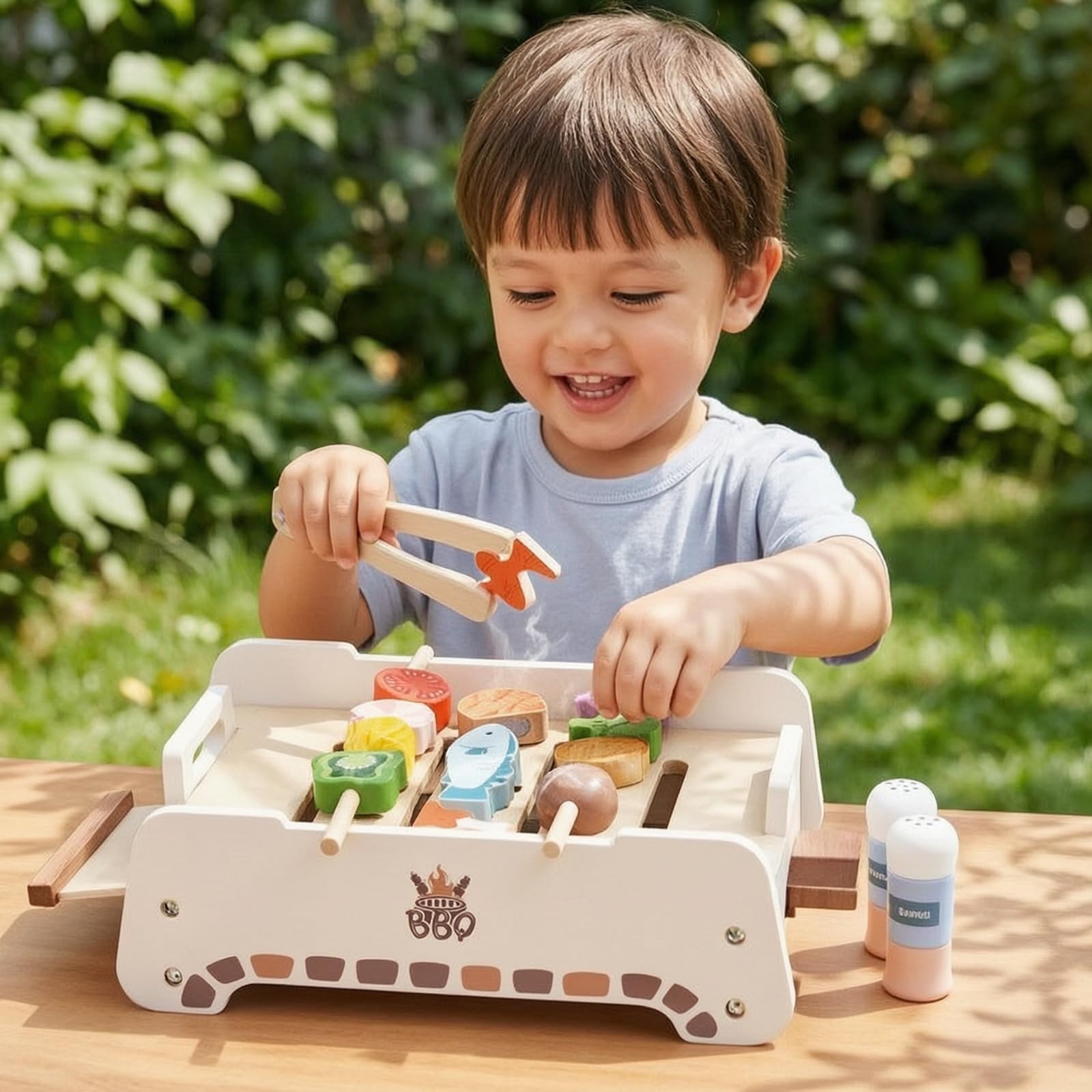 Barbecue Giocattolo in Legno Griglia Giocattolo con Accessori Compatto Gioco di Ruolo per Bambine, Cameretta