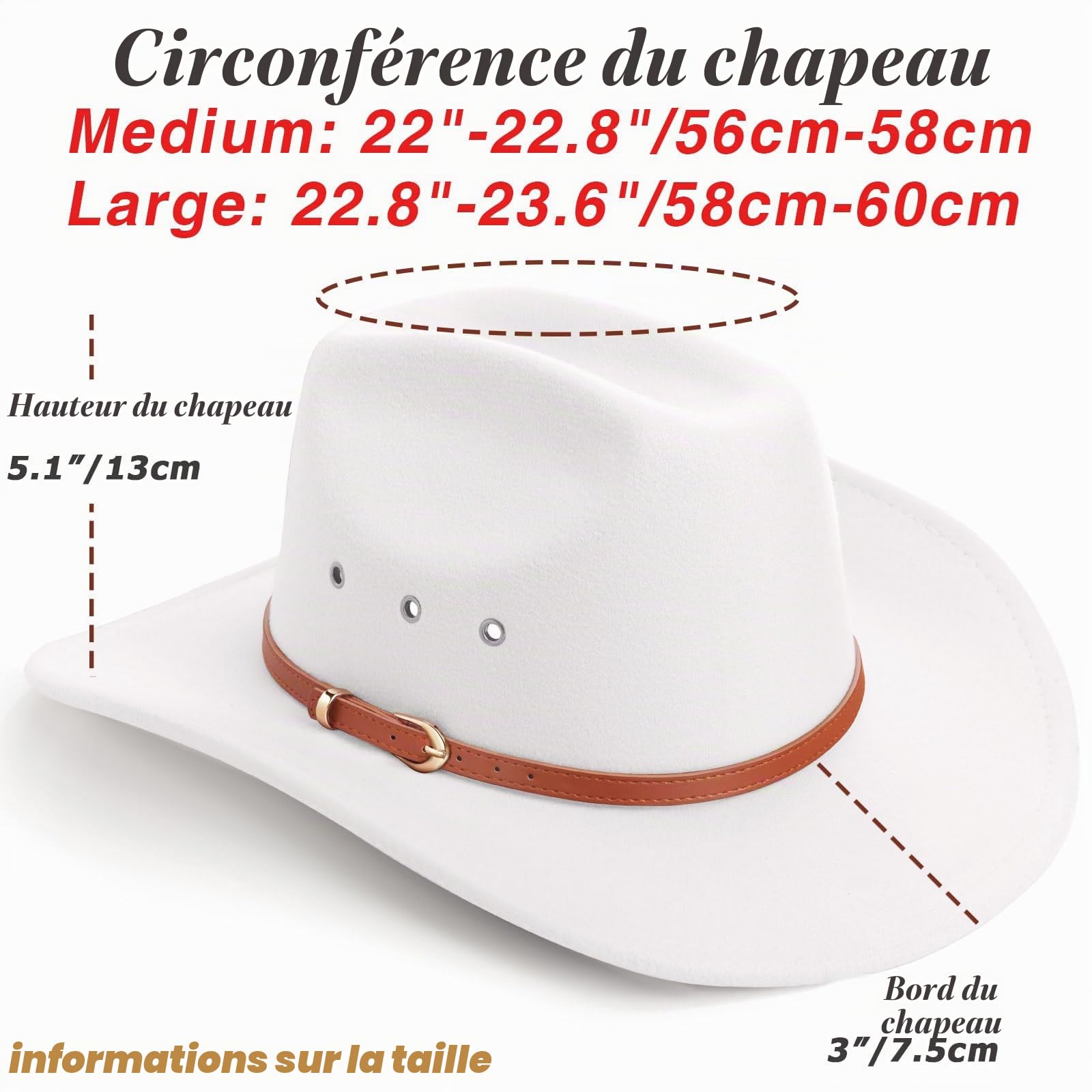 DRESHOW Chapeau de Cowboy pour Femme et Homme Le Rancher Western Chapeau en Feutre Chapeaux Fedora à Bord Large Extérieur avec Boucle de Ceinture Rétro Unisexe Chapeau Roulé