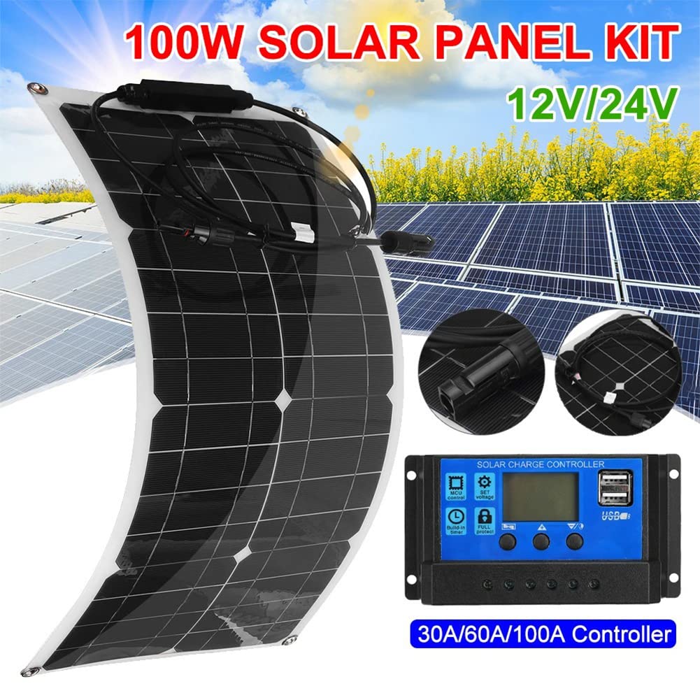 Kit de panel solar, kit completo de panel solar, paneles solares fotovoltaicos monocristalinos flexibles impermeables de alta eficiencia de 100 W y 18 V, con controlador de carga para el hogar, camp