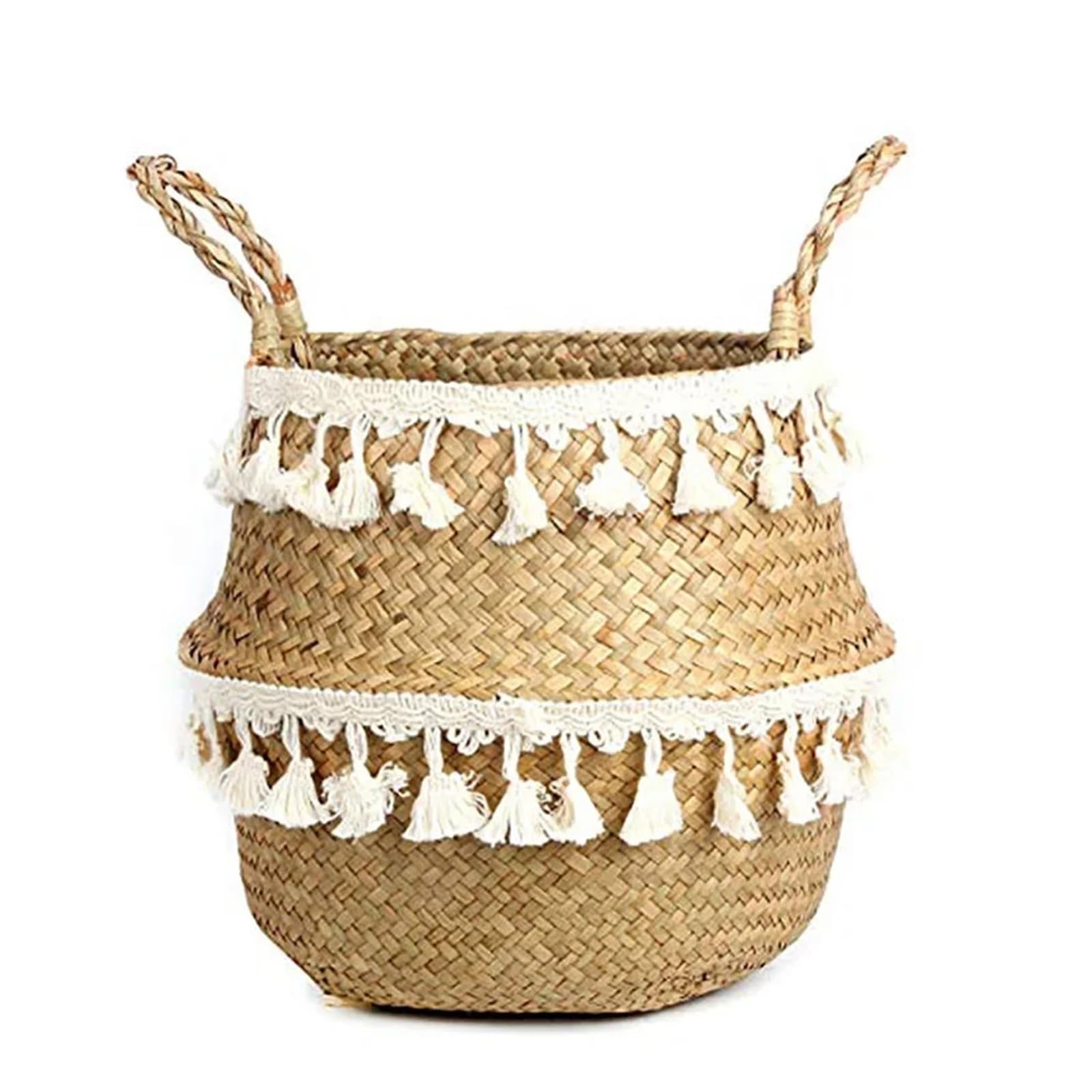 DUNSBY Woven Planter Foldable Handwoven Wicker Storage Baskets Potted Planter Laundry Basket Folding Hanging Seagrass(C,M 27cmX24cm)