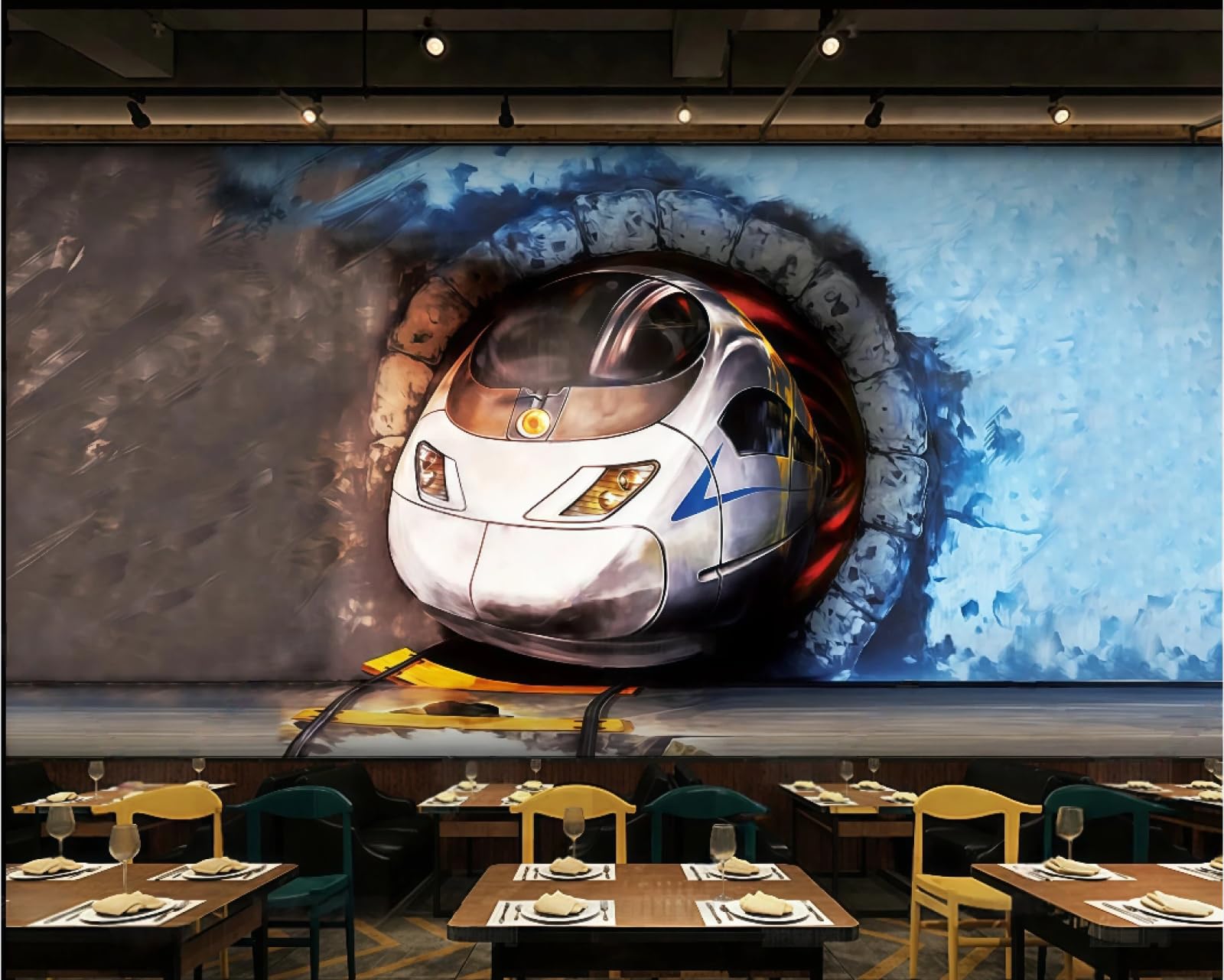 Tapeta retro kamień trójwymiarowy osobowość pociąg przez ścianę motyw baru zachodnia restauracja tło fototapeta popołudniowa herbata kawiarnia tapeta 3D, 400 x 280 cm