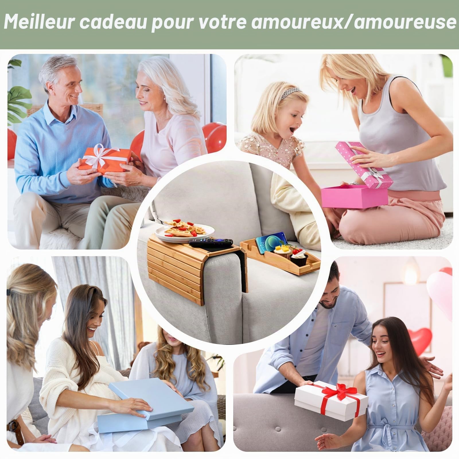 MARUKO Plateau Accoudoir Canapé, 3-en-1 Porte-Gobelet Magnétique Détachable en Bambou, Tablette Accoudoir Canapé avec Coussin Antidérapant, Table D'accoudoir de Canapé (Couleur Naturelle)