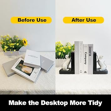 LIFFY Decorative Bookends, Heavy Duty Resin Cat Bookends, Non-Skid Bookshelf Stopper, Cute Cat Figures for Shelves, Study, Office Desk (White, 1 Piece)