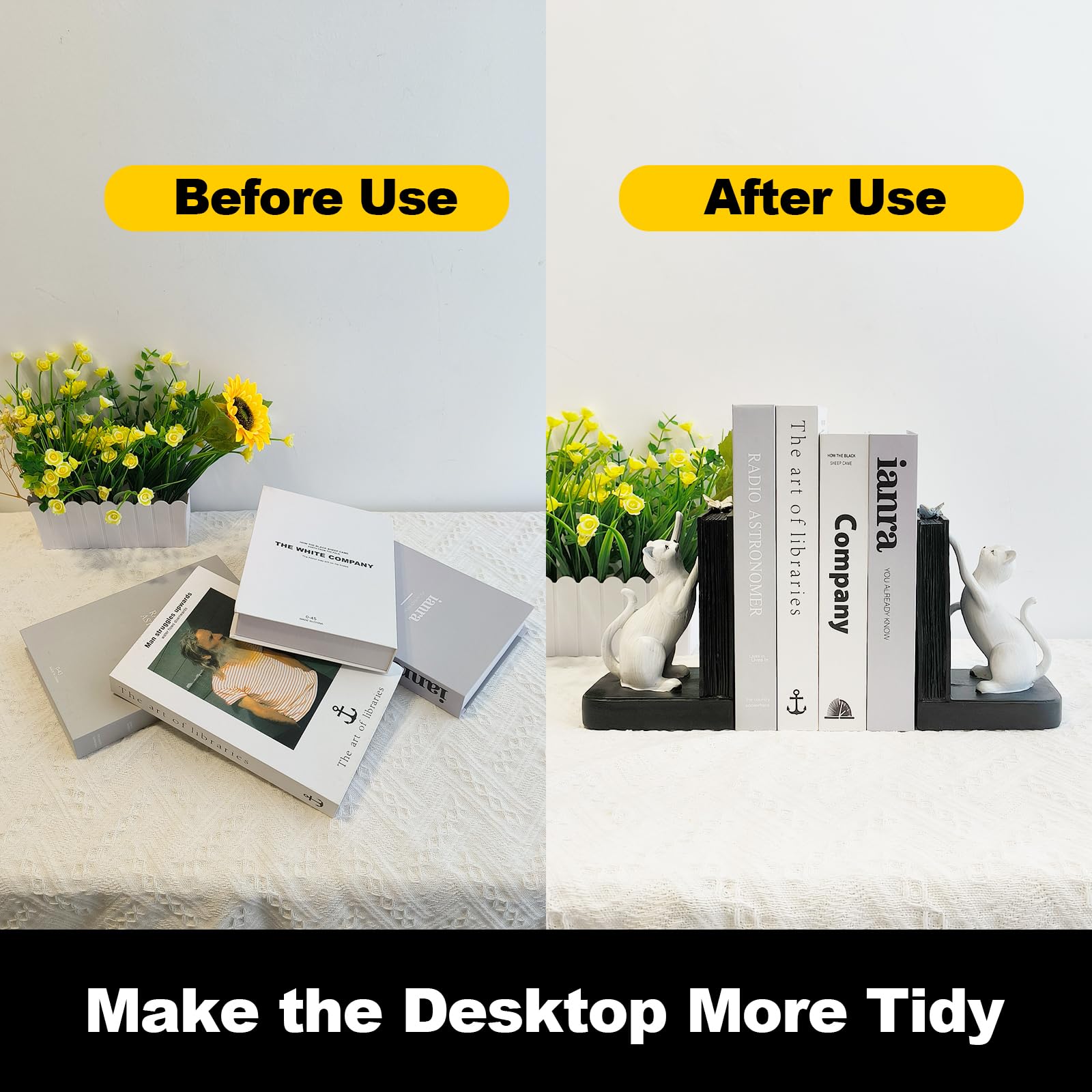 LIFFY Decorative Bookends, Heavy Duty Resin Cat Bookends, Non-Skid Bookshelf Stopper, Cute Cat Figures for Shelves, Study, Office Desk (White, 1 Piece)