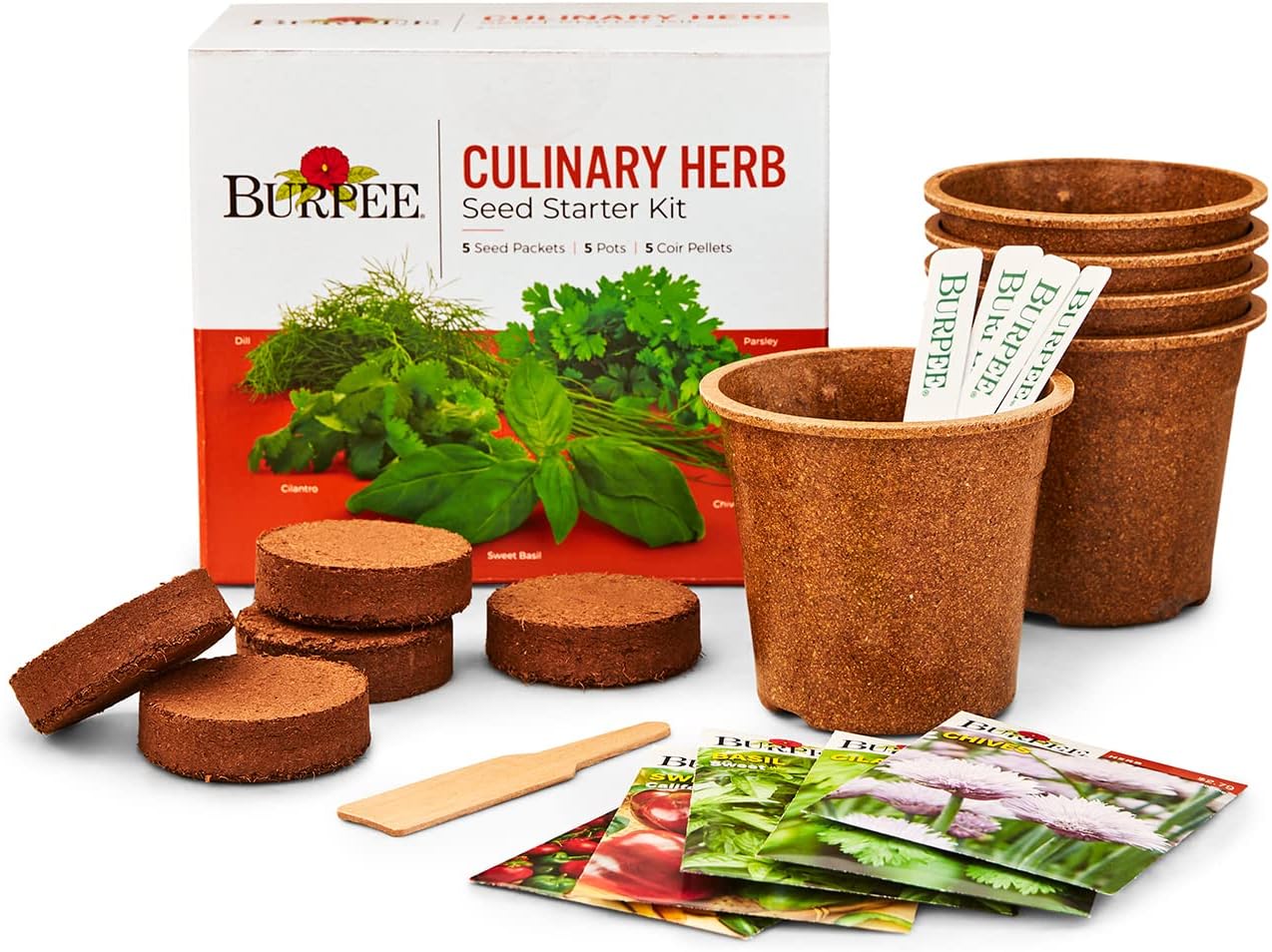 BurpeeCulinary Garden Starter Kit Packets, 5 Pots, 5 Coir Pellets & 5 Plant Markers Non-GMO Herb Seeds: Cilantro, Dill, Parsley, Sweet Basil & Chives