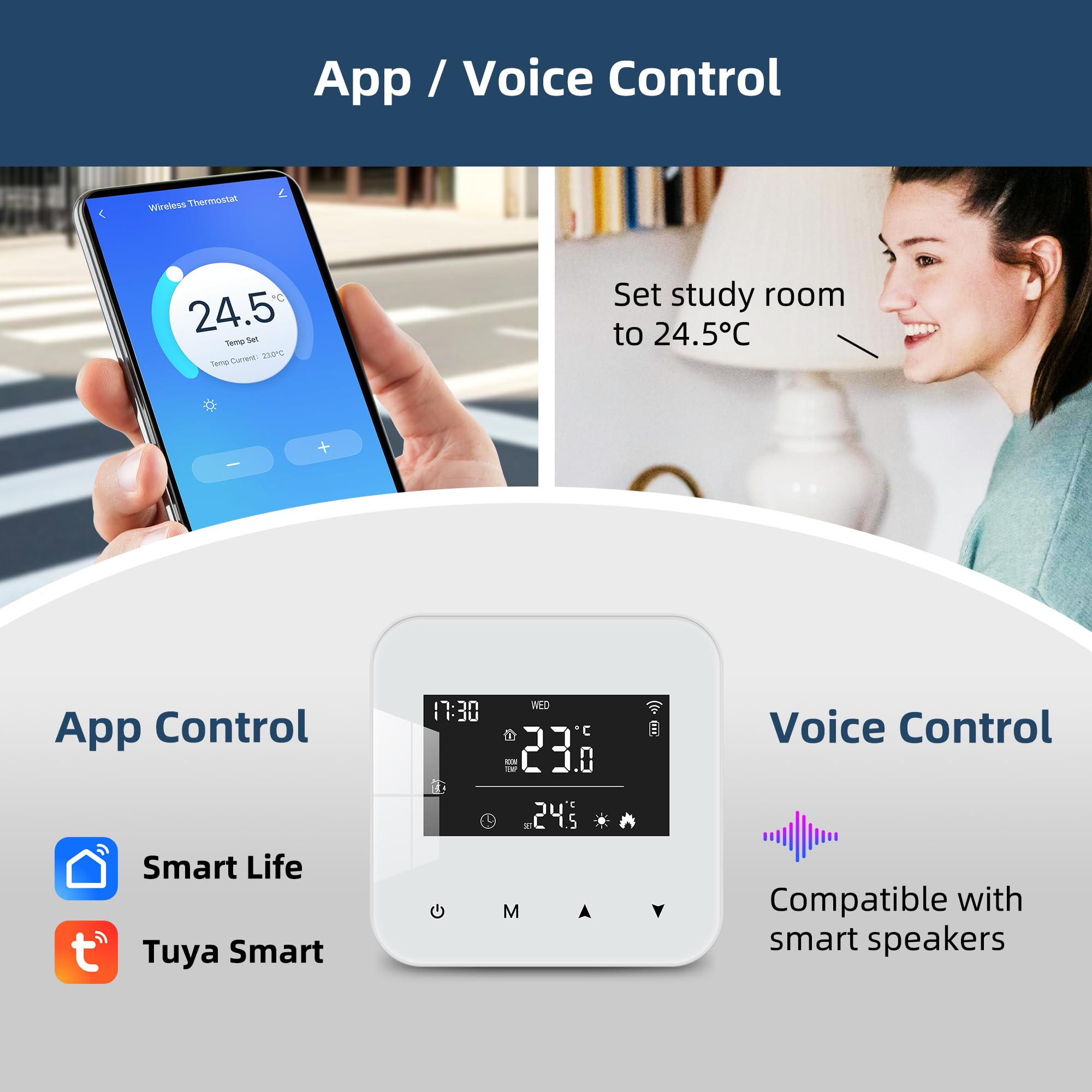 Programowalny termostat na baterie nadaje się do 2-przewodowych kotłów gazowych wyposażonych w system. kompatybilny z Google Assistant i Alexa. Sterowany przez TUYA lub Smart Life