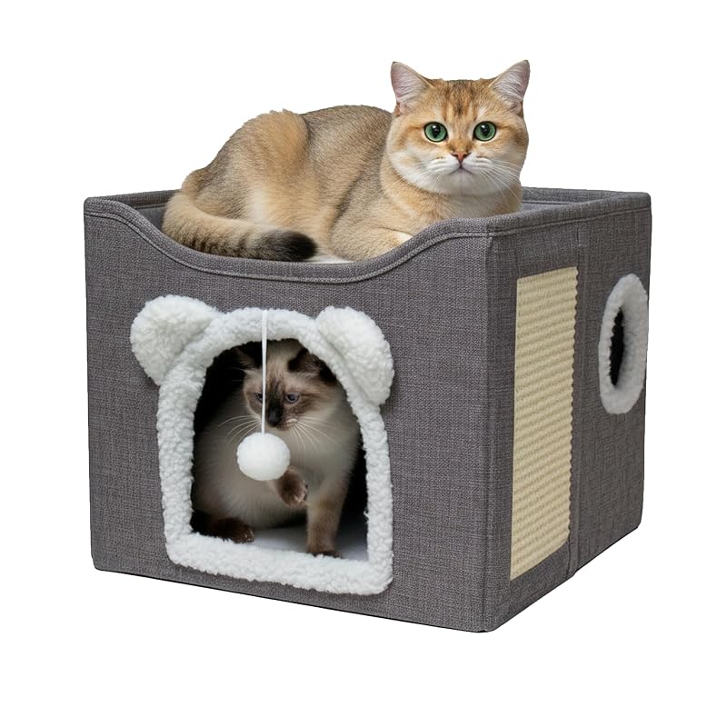 Casa e Condomínio para Gatos JUDERWOO com Dois Níveis, Arranhador e Bola Suspensa, Cinza, 40,64 x 33,78 x 40,64 cm