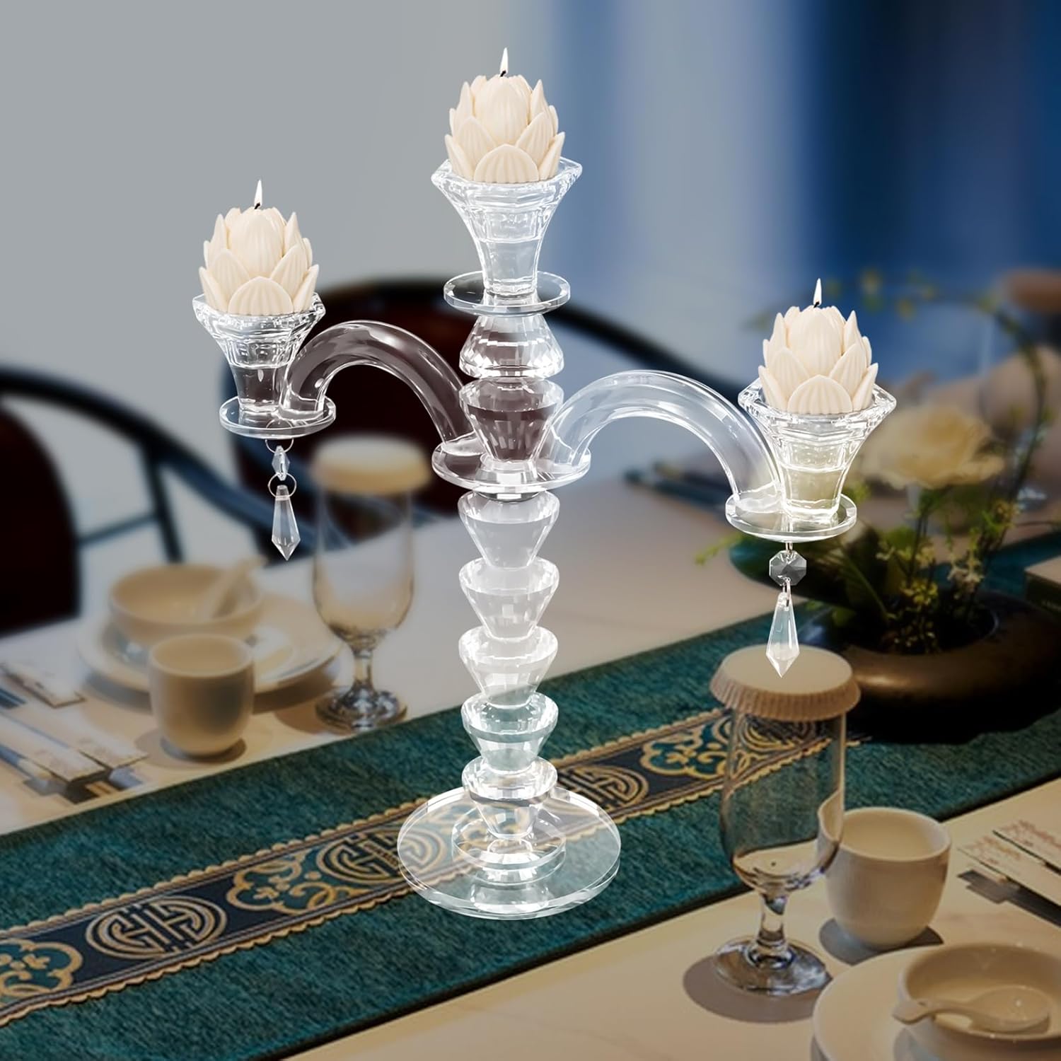 3-Arm Candle Holder, Elegant Candle Holder, Artificial Crystal Candle Holder, Halloween Decorations Candlesticks Holder Home Decor Wedding Parties Candelabras Centerpiece for Dining Table