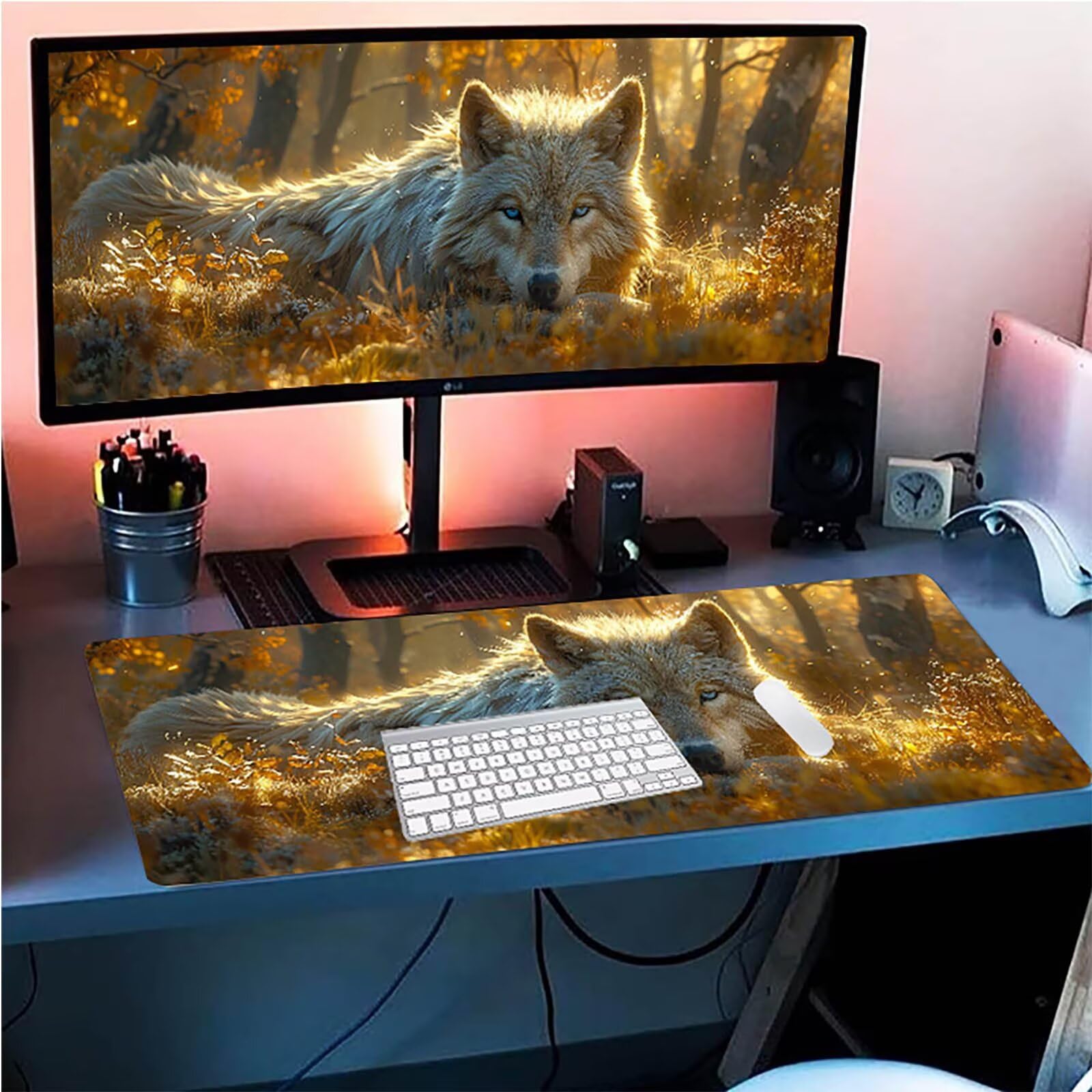 Tappetino Mouse XXL 1500 x 800 mm, Tappetino Mouse Lupo, Gaming Mousepad Migliorare la Velocità e la Precisione, Mouse Pad con Base in Gomma Antiscivolo, Ufficio Accessori Gaming, Bianco 0-5832