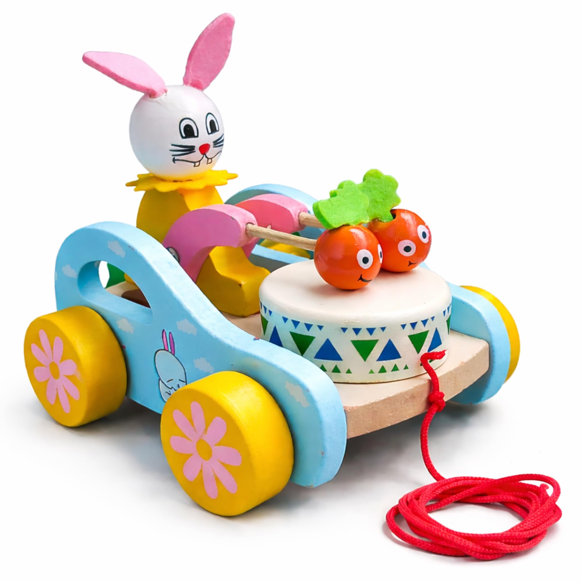 THANU TOYS Wooden Rabbit Pull Along Toy with Drum and String – Musical Bunny Car for Toddlers | Montessori Early Learning Activity | Motor Skill & Sensory Development | Birthday Gift | 1–5 Years