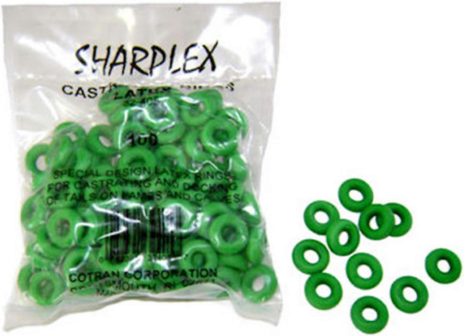 Sharplex Castration and Tail Docking Latex Bands Lambs and Calves Green 100 Count Package