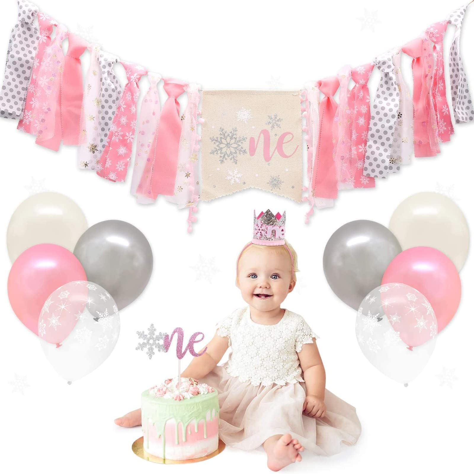 Winter Onederland Highchair Banner, Snowflake One Cake Topper Pink & Silver Crown Hat Latex Balloons For Baby Girls Winter First Birthday Party Decorations, Set Of 4