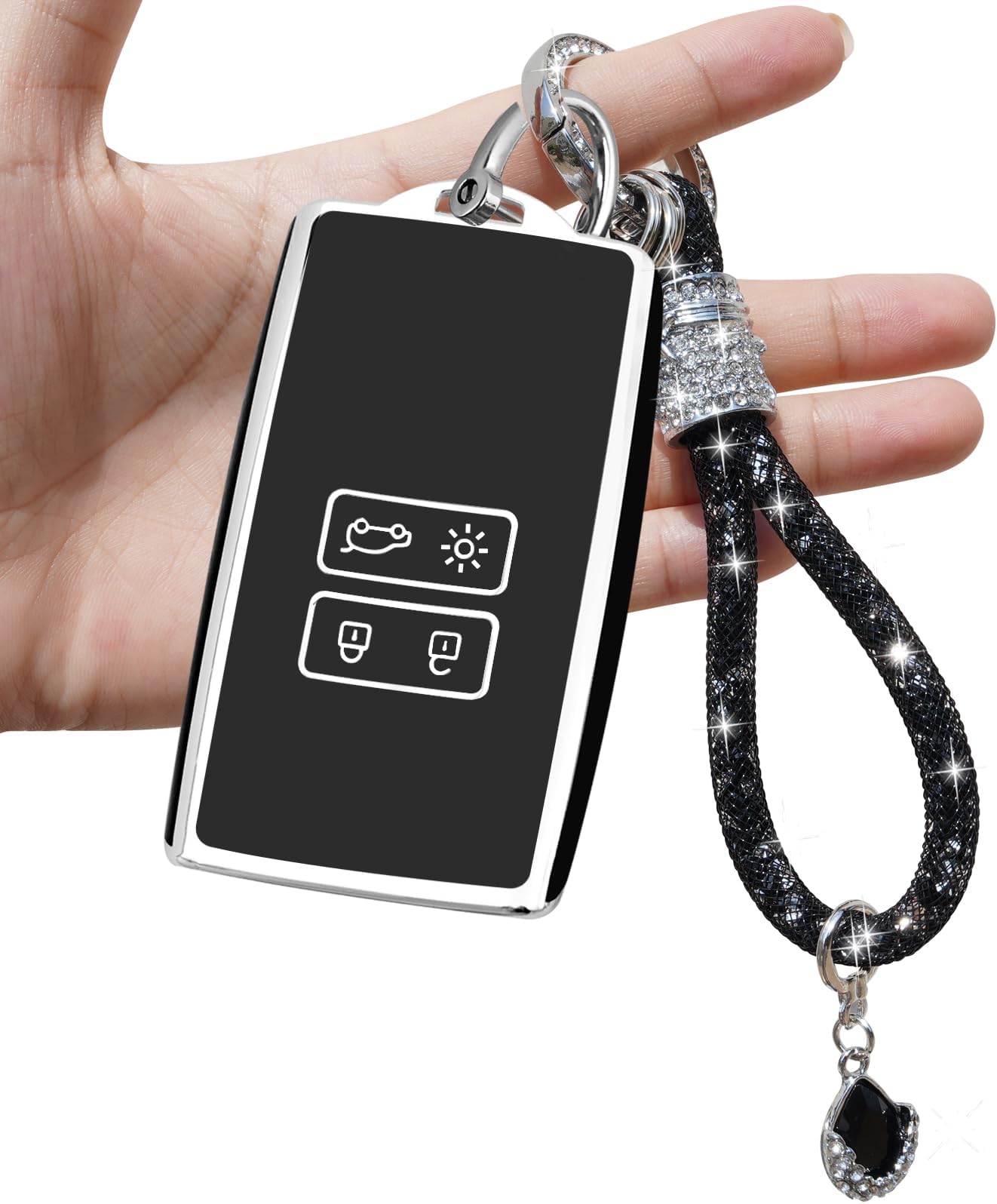 Yumzeco Car Key Case Compatible with Renault with Bling Diamonds Keychain,4 Buttons Remote Key Case Koleos Clio Megane Duster Kadjar,TPU Silicone KeyCover Renault Keyless KeyProtector-Black