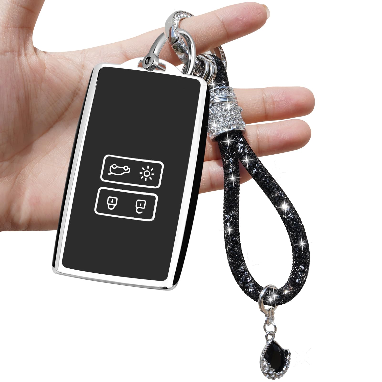 Yumzeco Car Key Case Compatible with Renault with Bling Diamonds Keychain,4 Buttons Remote Key Case Koleos Clio Megane Duster Kadjar,TPU Silicone KeyCover Renault Keyless KeyProtector-Black