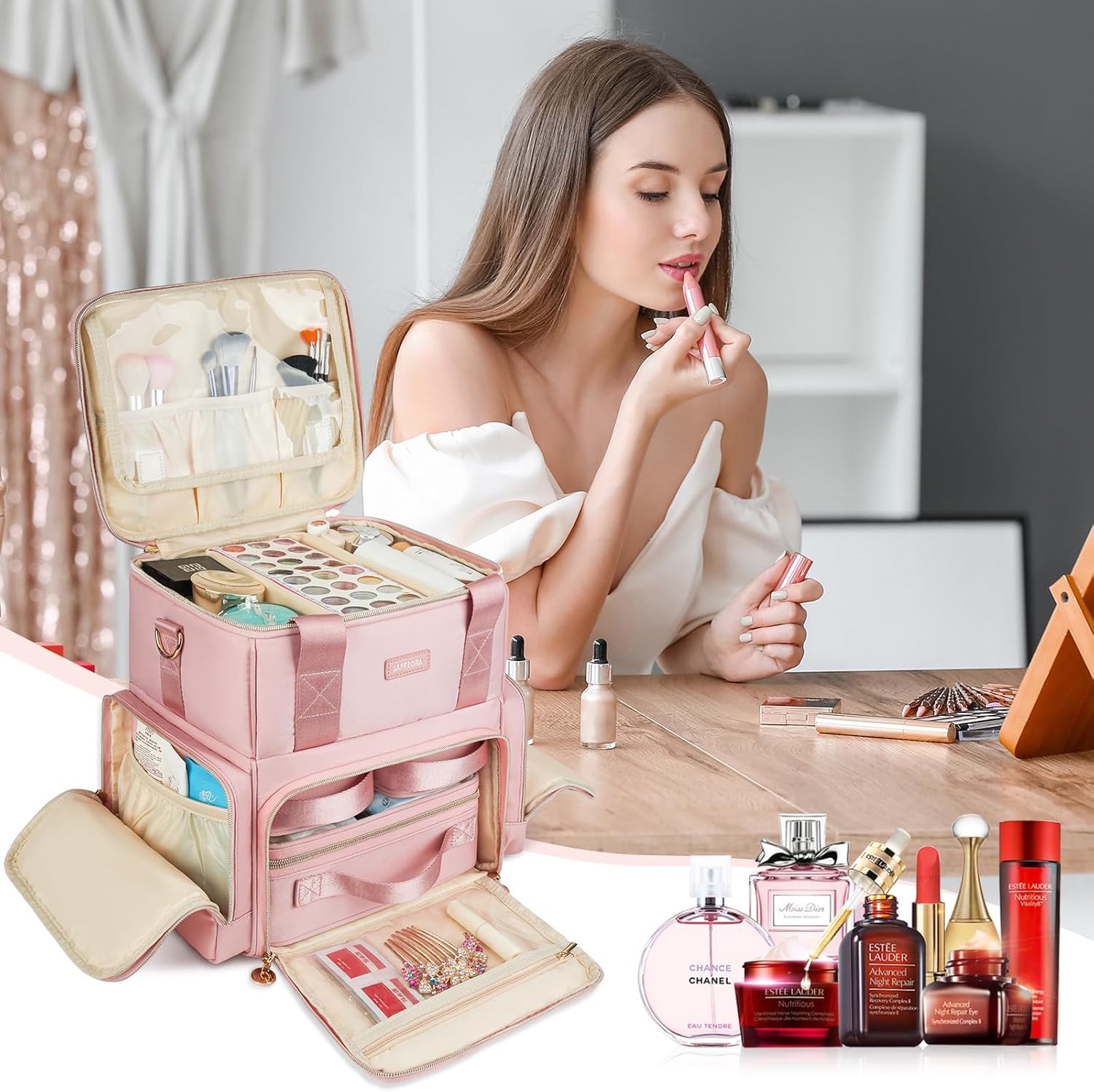 Extra Large Makeup Bag,4 in 1 Cosmetic Storage Organizer Travel Case with 3 Detachable Pouches and Dividers,Pink