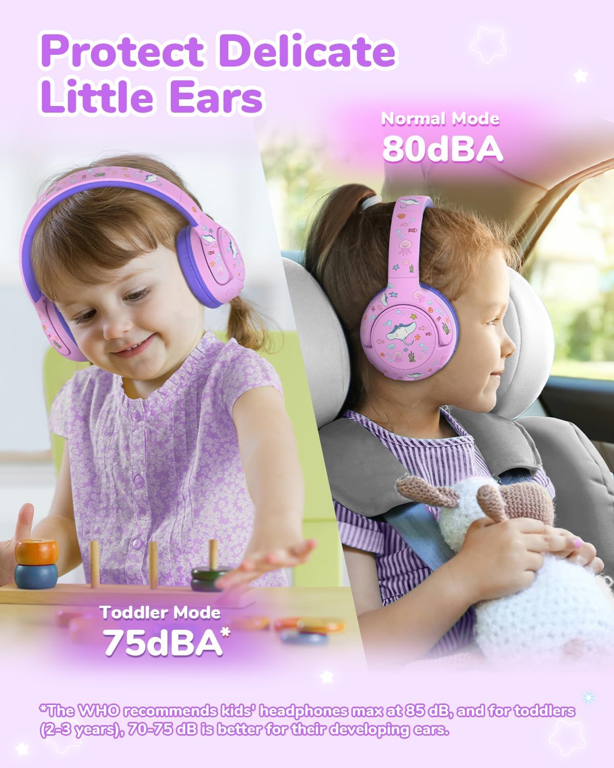 iClever BTH27 Toddler Headphones for 2+ Year Old-CPC Certified, 75/80dBA Safe Volume Limited, 74H Playtime, Bluetooth 5.4, BPA Free, Kids Bluetooth Headphones Aux Cord for Travel iPad, Purple - Image 4