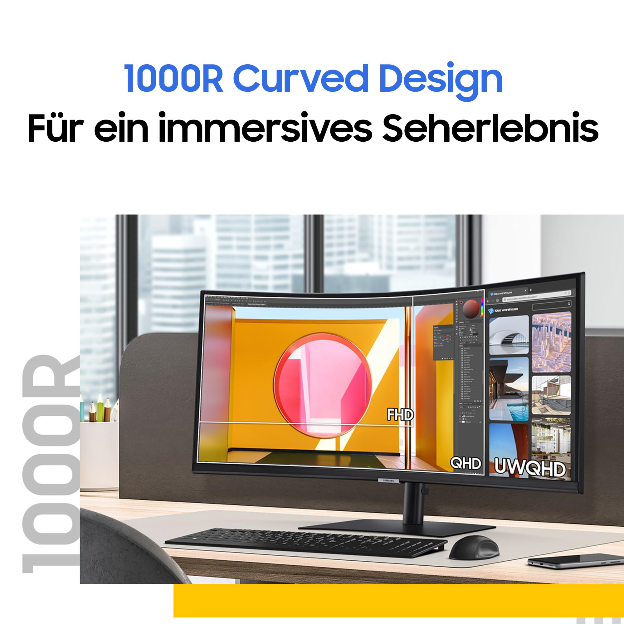 Samsung ViewFinity S65UC Curved Monitor 34 Zoll, Mit Lautsprechern, Bildschirm mit VA-Panel, 3.440 x 1.440 Pixel, Bildwiederholrate 100 Hz, Reaktionszeit 5 ms, 90 W Laden via USB-C, Pivot