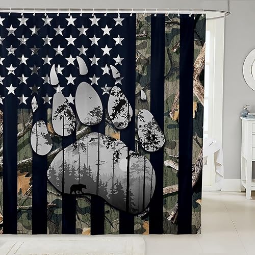 Cortina de ducha con bandera americana, estampado de patas de oso y animales salvajes, cortina de baño para niños y niños, cortina de baño