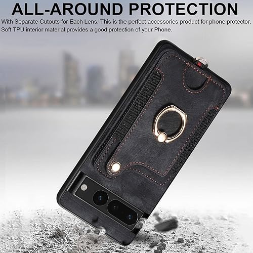 Miniatura 6 de JanCalm Funda para Pixel 7 Pro, tarjetero para Google Pixel 7 Pro, soporte de anillo, bloqueo RFID, correa de muñeca, protector de cámara, funda