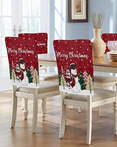 Fundas para sillas de Navidad de muñeco de nieve rojo, 4 piezas, fundas para respaldo de sillas de comedor, fundas protectoras de silla de árbol de