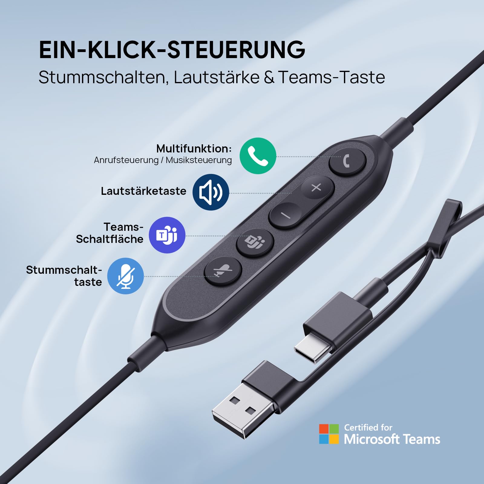 Yealink UH46 - Auriculares estéreo USB con micrófono, auriculares con cable de escritorio con reducción de ruido, auriculares USB-C/A para PC, oficina, centro de llamadas, equipos certificados