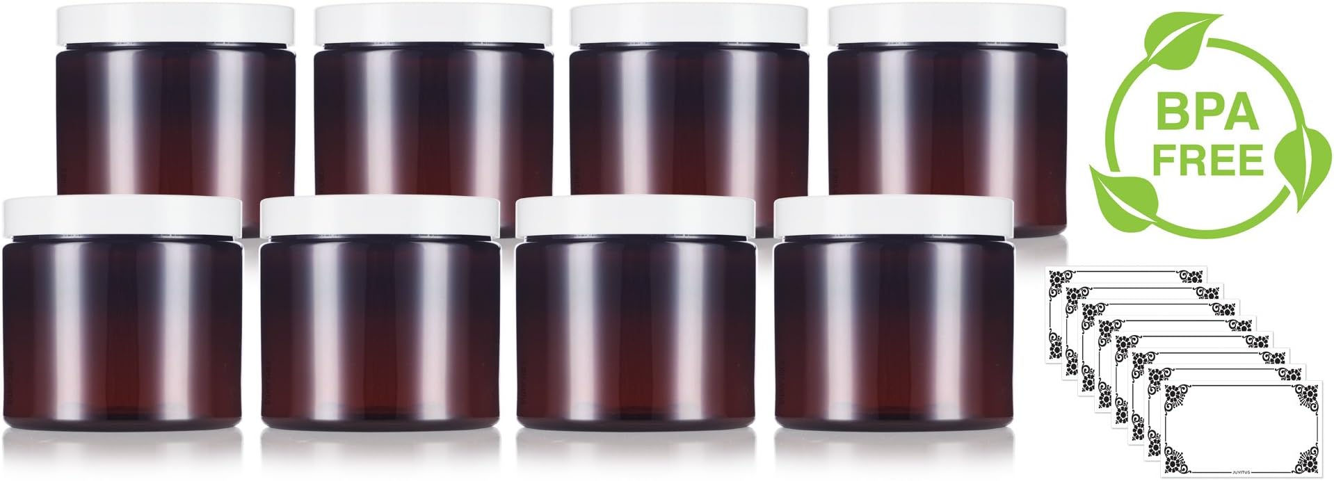 Amber Large 16 oz PET Plastic (BPA Free) Refillable Jar with White Lids - (8 Pack) + Labels