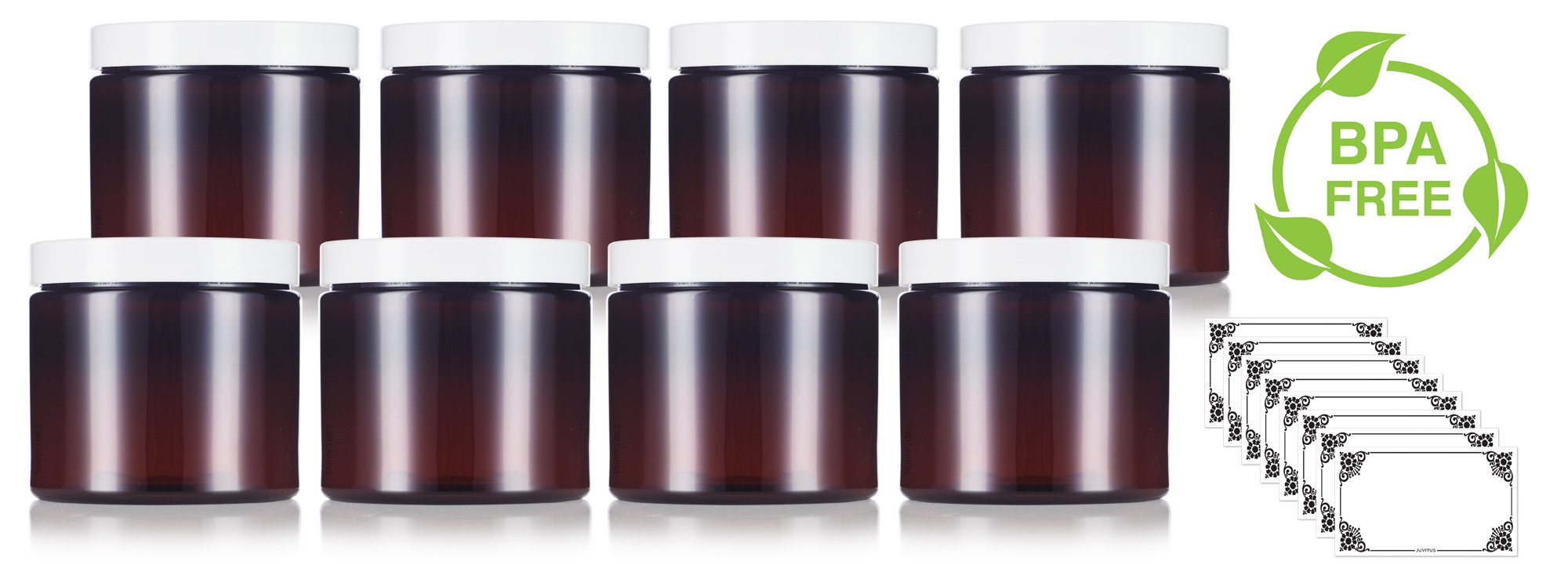 Amber Large 16 oz PET Plastic (BPA Free) Refillable Jar with White Lids - (8 Pack) + Labels
