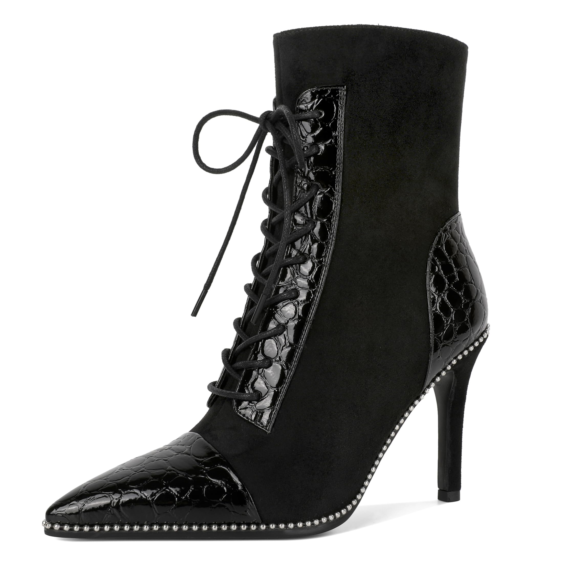 SAMMITOP Womens Lace Up Ankle Boots High Stiletto Heel Pointy Toe Fashion Heeled Booties Silver Beaded Side Zipper