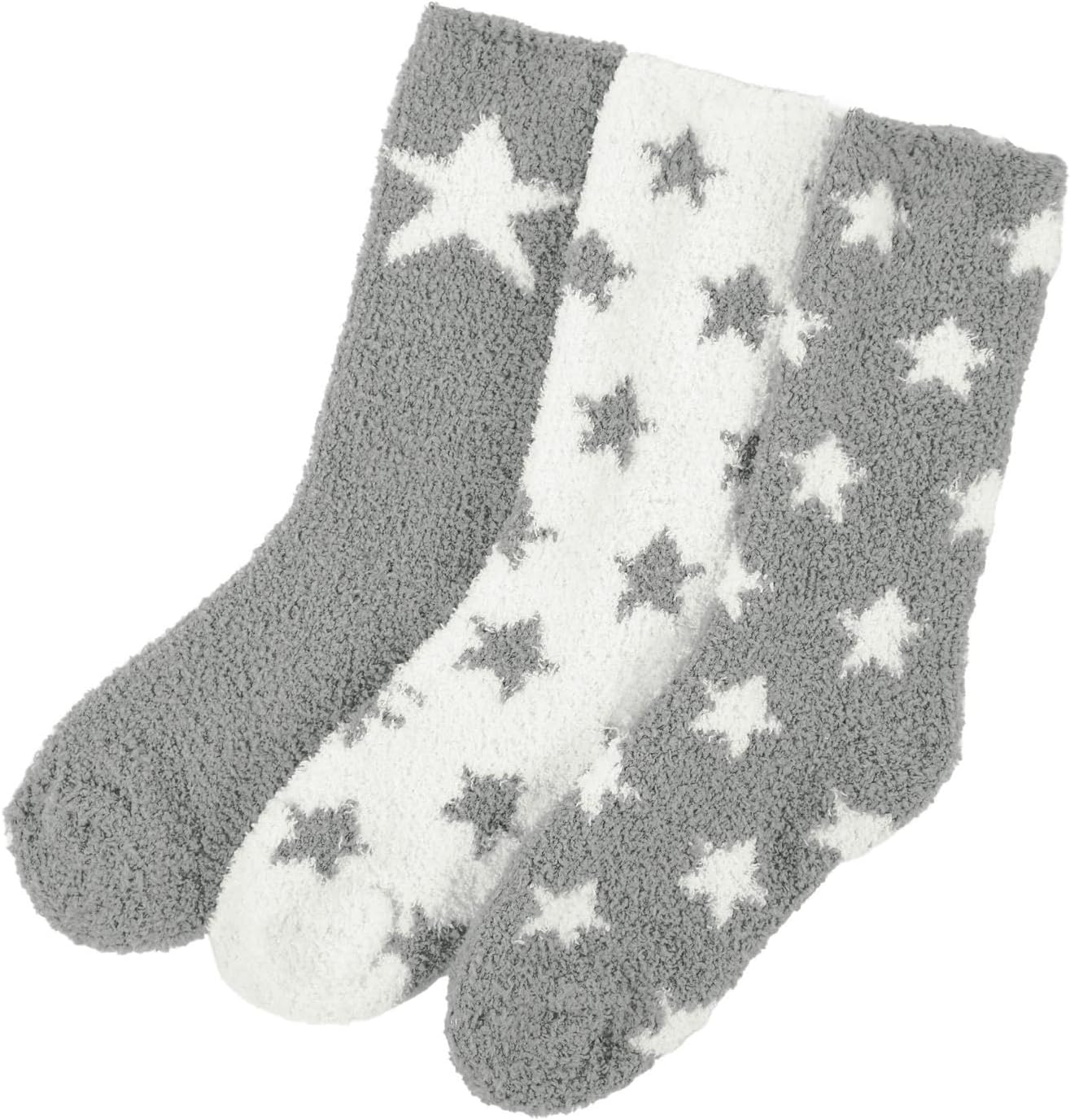 Womens Fluffy Socks 3 Pairs Star Grey, Fluffy Fleece Socks for Women Bed Socks Super Soft Comfy Cosy Ladies Thermal Socks, Christmas Gifts for Her Stocking Fillers Winter Sock Set, One Size