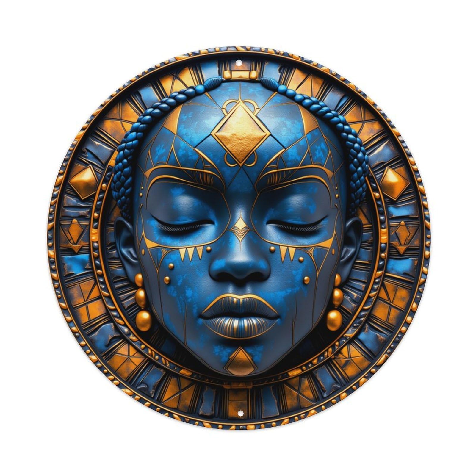 Blue Gold Geometric Tribal Art Round Tin Sign Retro Metal Sign for Cafe Bar Pub Home Game Room Gym Club Wall Decoration Vintage Metal Poster 8x8 Inch