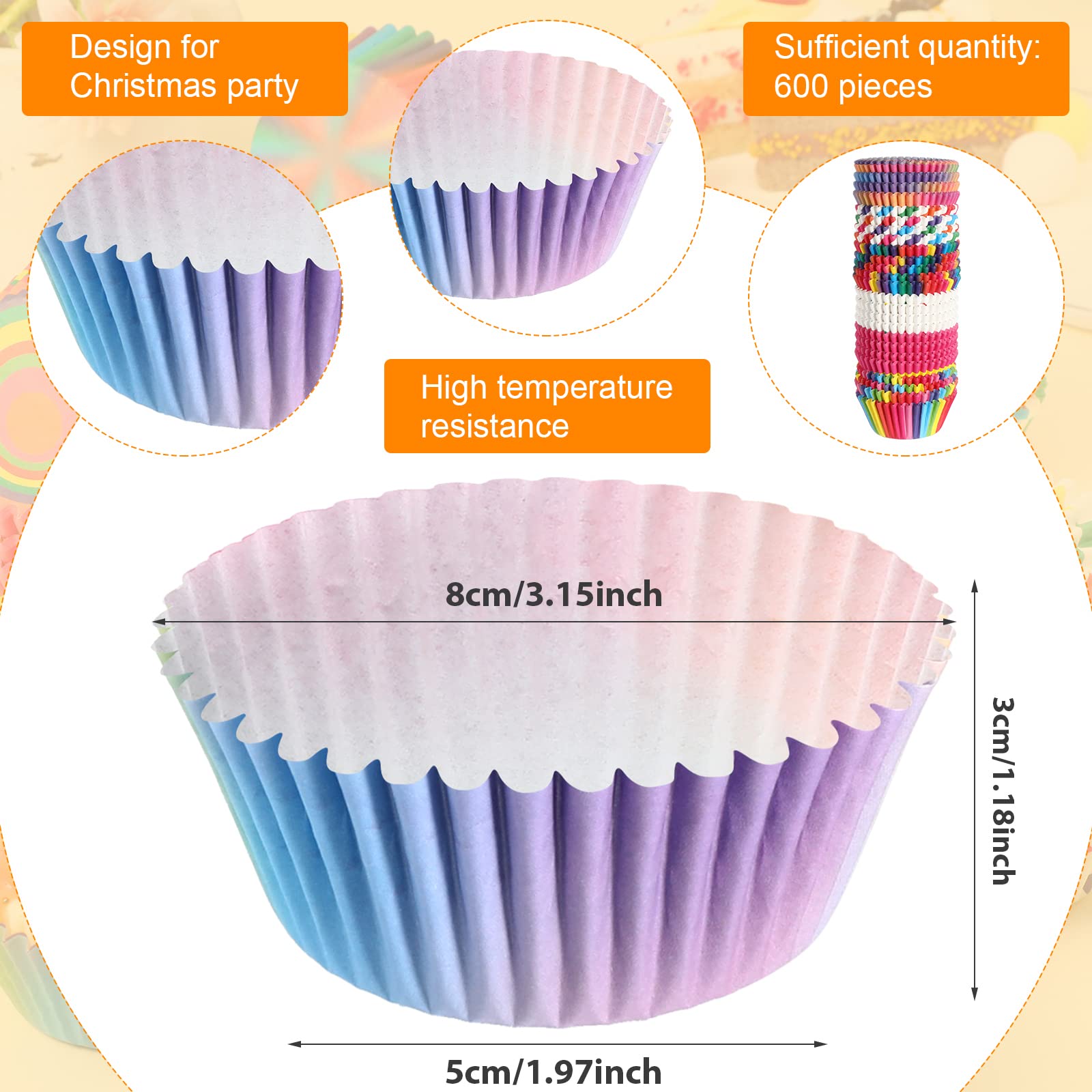 Chengu 600 Pieces Rainbow Cupcake Liners Rainbow Cupcake Wrappers Baking Cups Liners, Colorful Cake Paper Cup Baking Cups for Cake Candy Supplies(Vivid Style)