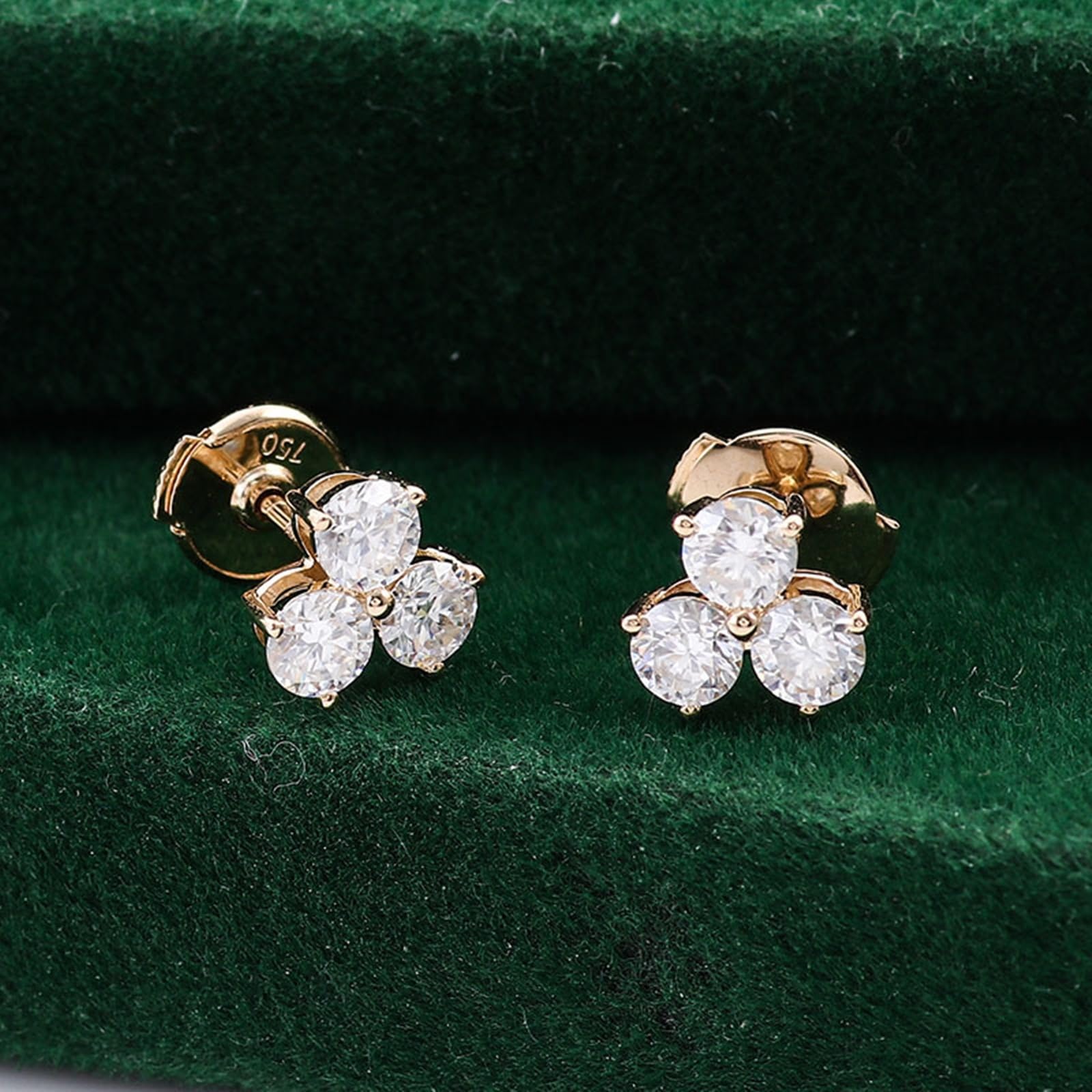Epinki Pendientes Oro 9K/14K/18K Mujer, 0.2/0.3ct Moissanita Blanca Redonda 3 Piedra Preciosa Pendientes Joyería