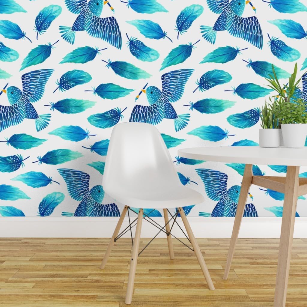 Removable Wallpaper 6ft x 2ft - Birds Painting Feathers Blue Bird Feather Animal Paint Custom Pre-Pasted Wallpaper by Spoonflower