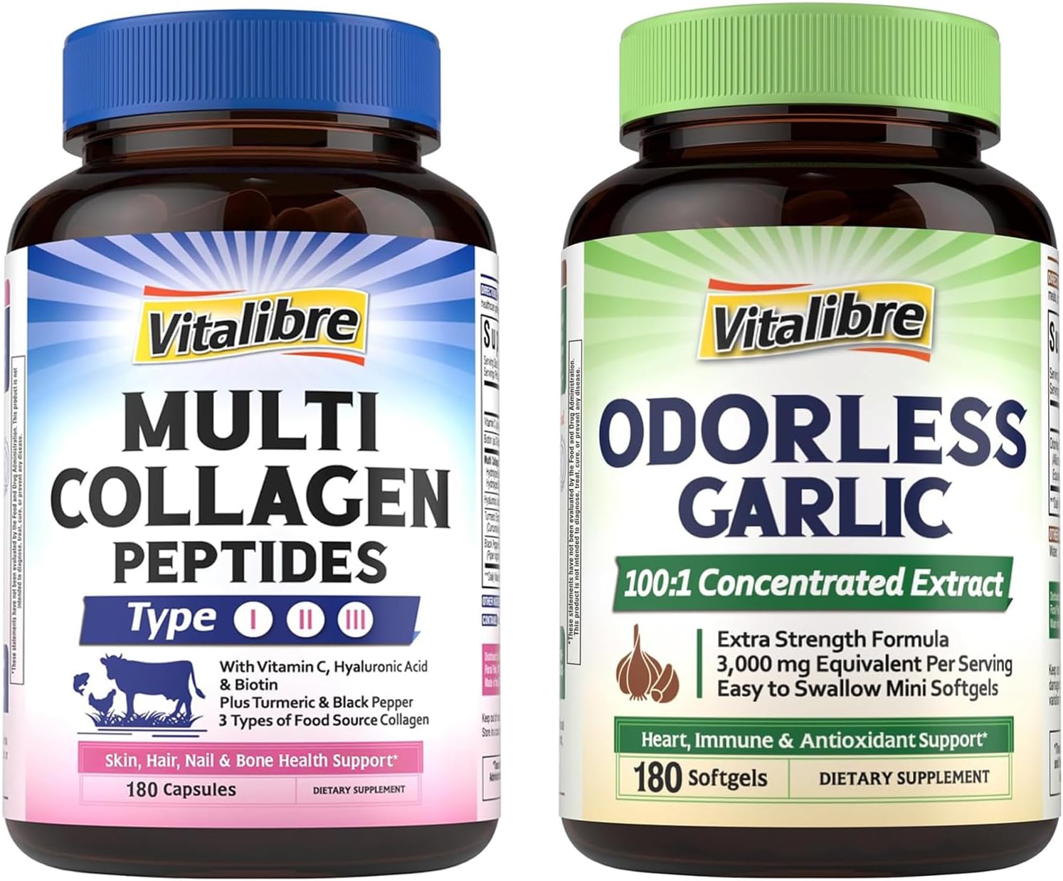 Vitalibre Multi Collagen Peptides 180 Caps and Odorless Garlic 180 Softgels