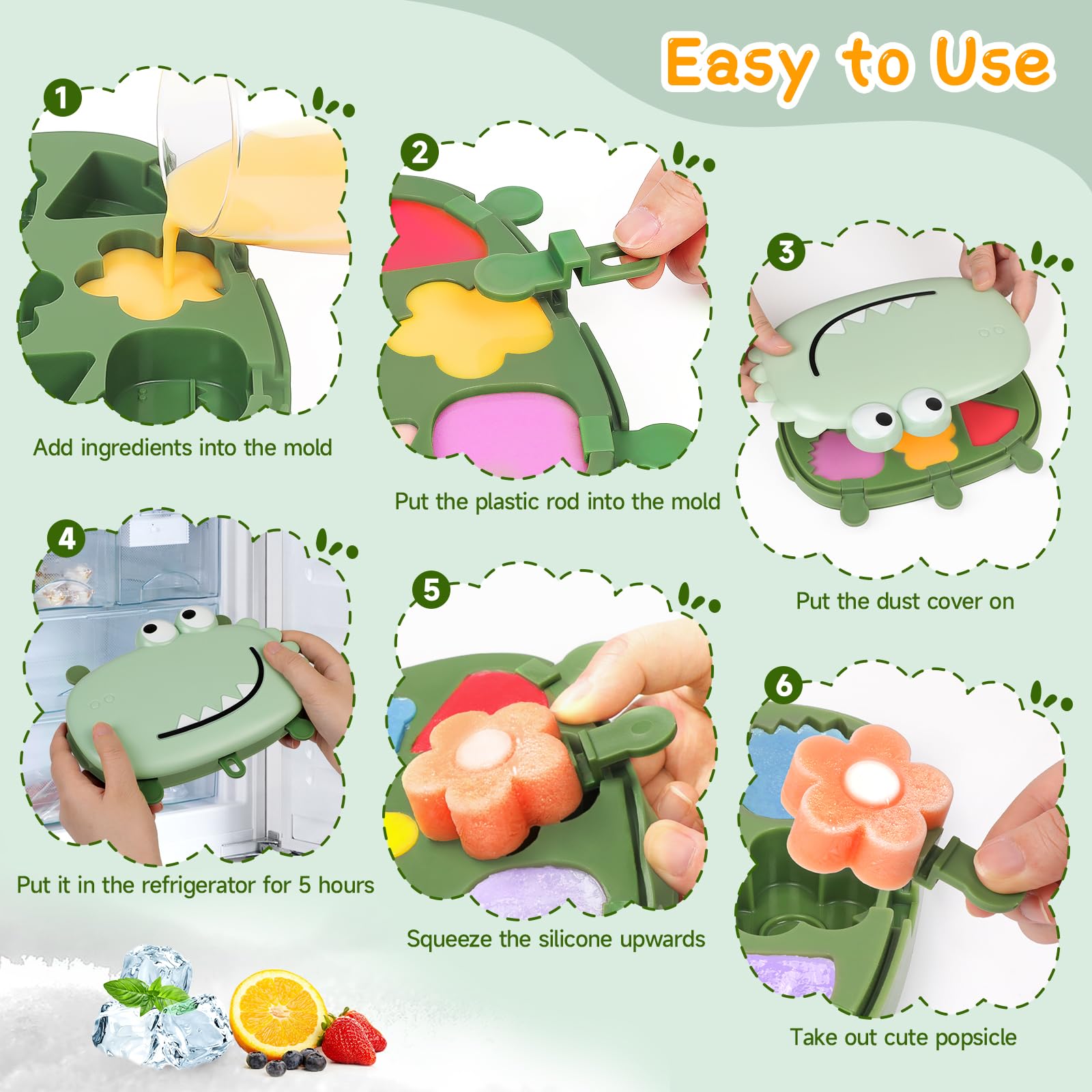 Moldes Helados Silicona, 6 Cavidades Moldes para Helados sin BPA Reutilizable para Bebe Niño y Adultos, Molde Helado Hermoso Animales con Palo para Hacer Helados